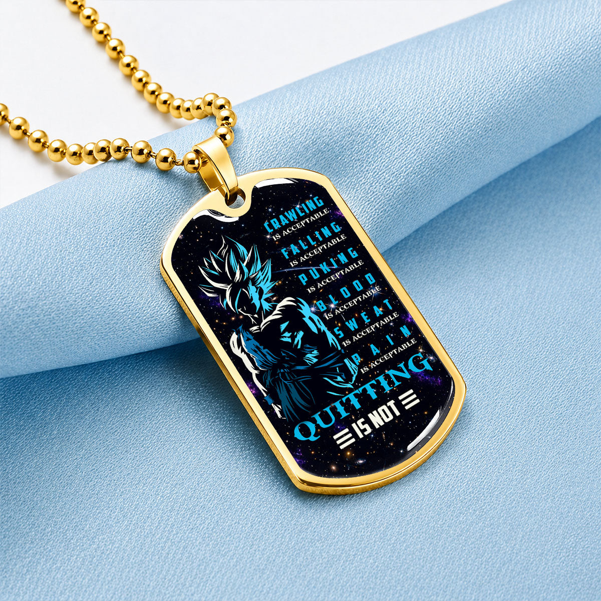 Custom Dragon Ball Super Saiyan Blue Goku Dog Tag Necklace - Motivational Quote “Quitting Is Not” Stainless Steel Pendant - Anime Gift for DBZ Fans - DRDL015