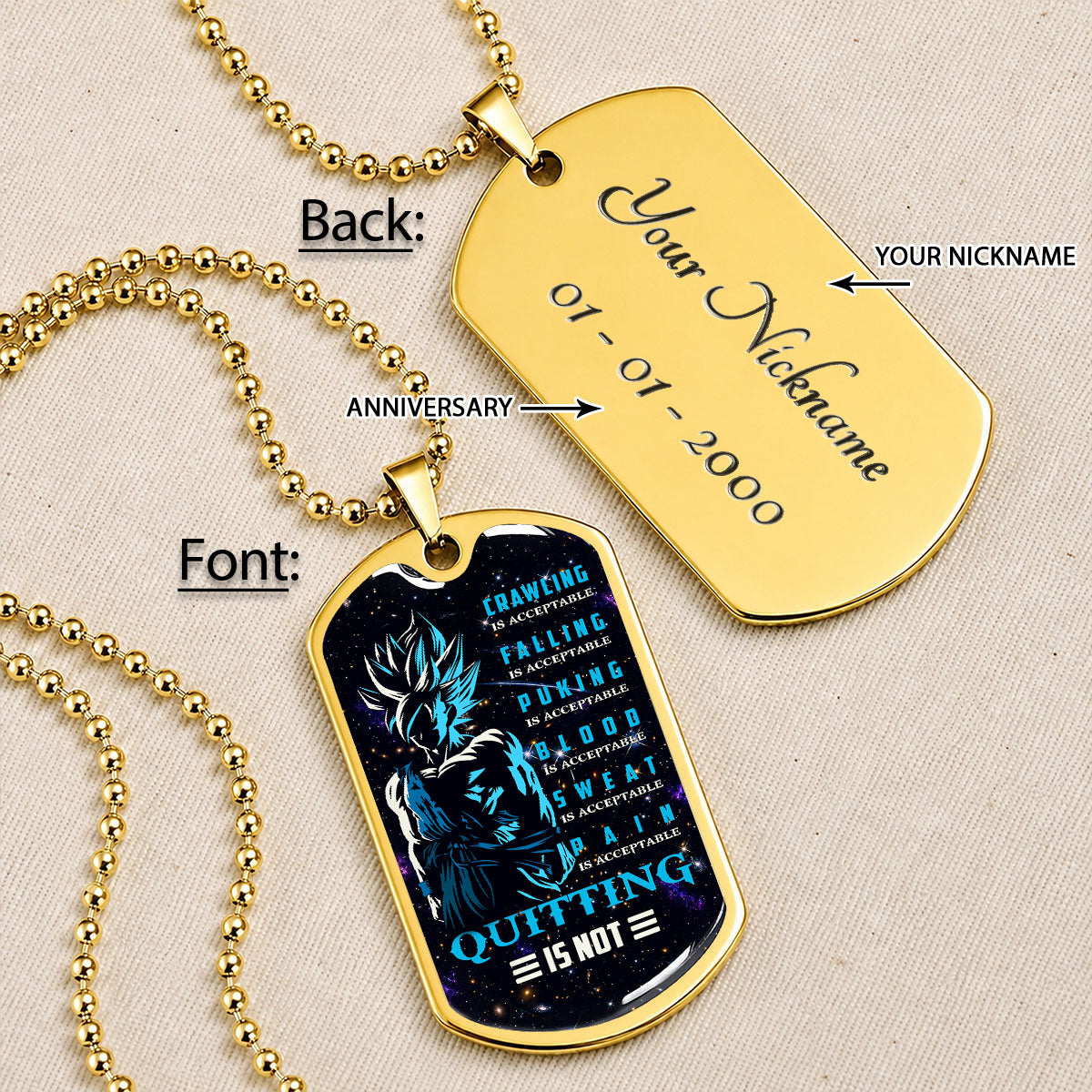Custom Dragon Ball Super Saiyan Blue Goku Dog Tag Necklace - Motivational Quote “Quitting Is Not” Stainless Steel Pendant - Anime Gift for DBZ Fans - DRDL015