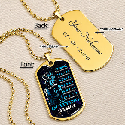 Custom Dragon Ball Super Saiyan Blue Goku Dog Tag Necklace - Motivational Quote “Quitting Is Not” Stainless Steel Pendant - Anime Gift for DBZ Fans - DRDL015