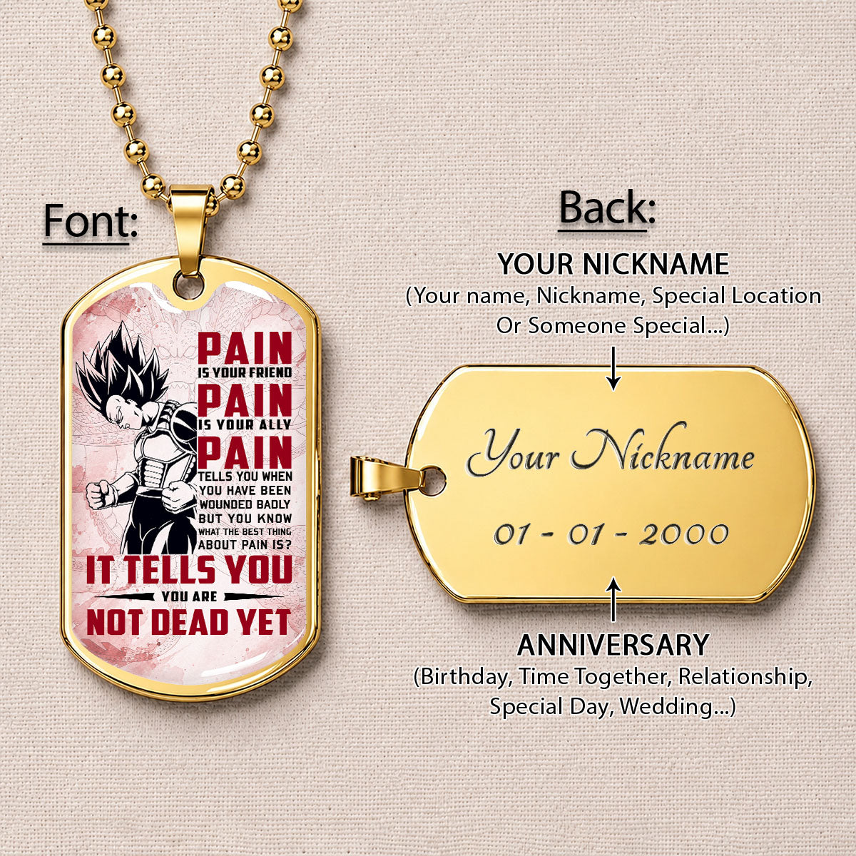 Personalized Dragon Ball Vegeta Dog Tag Necklace - Motivational Quote “Pain Is Your Friend” Stainless Steel Pendant - Anime Gift for DBZ Fans - DRDL016