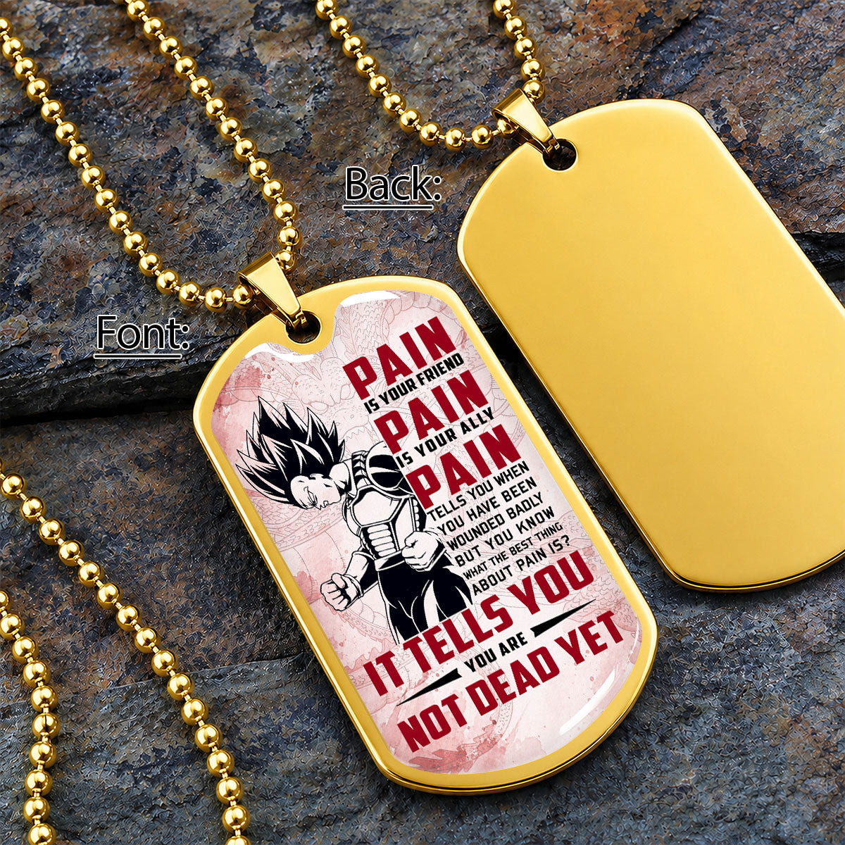 Personalized Dragon Ball Vegeta Dog Tag Necklace - Motivational Quote “Pain Is Your Friend” Stainless Steel Pendant - Anime Gift for DBZ Fans - DRDL016