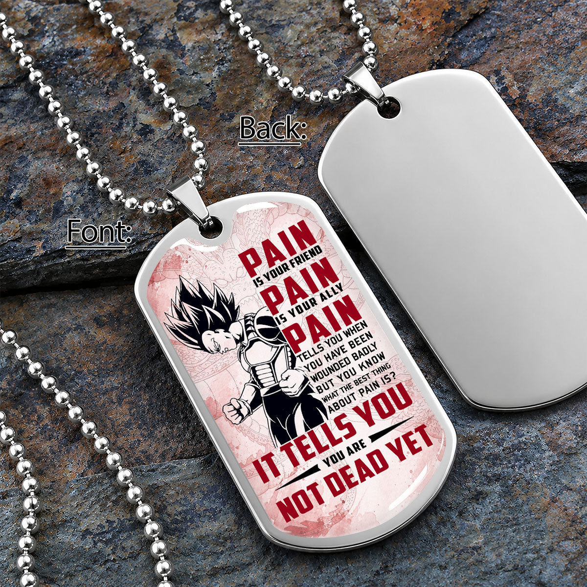 Personalized Dragon Ball Vegeta Dog Tag Necklace - Motivational Quote “Pain Is Your Friend” Stainless Steel Pendant - Anime Gift for DBZ Fans - DRDL016