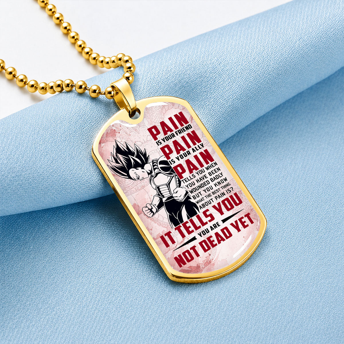 Personalized Dragon Ball Vegeta Dog Tag Necklace - Motivational Quote “Pain Is Your Friend” Stainless Steel Pendant - Anime Gift for DBZ Fans - DRDL016