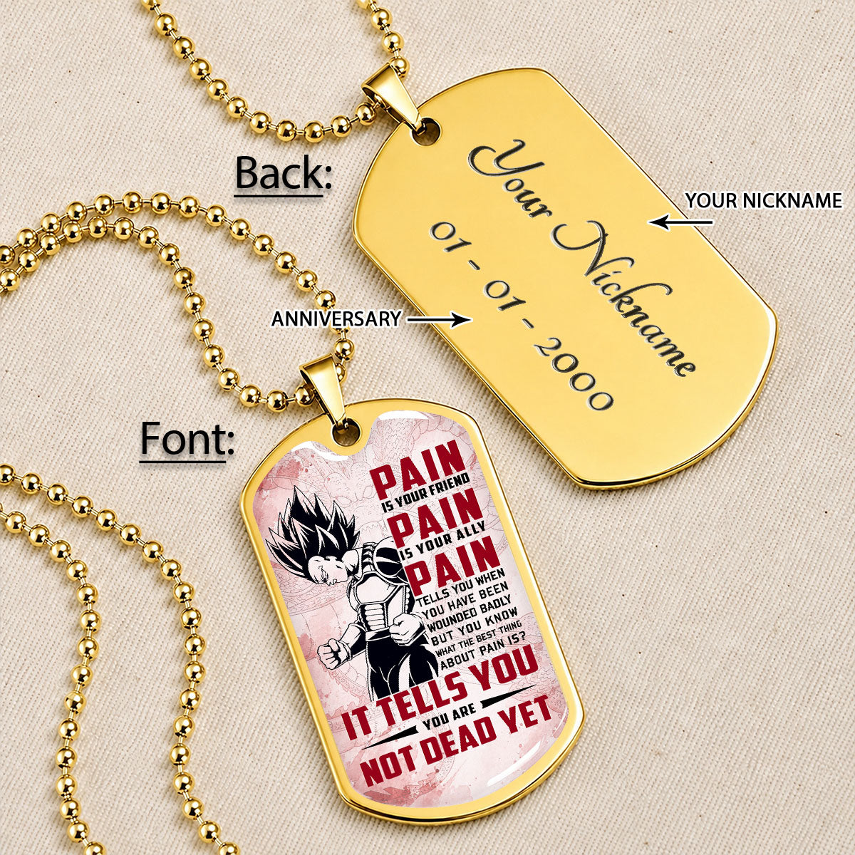 Personalized Dragon Ball Vegeta Dog Tag Necklace - Motivational Quote “Pain Is Your Friend” Stainless Steel Pendant - Anime Gift for DBZ Fans - DRDL016