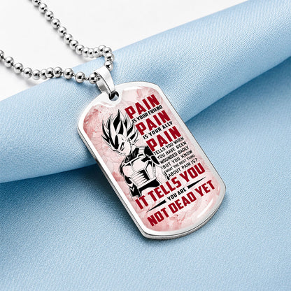 Personalized Dragon Ball Vegeta Dog Tag Necklace - Motivational Quote “Pain Is Your Friend” Stainless Steel Pendant - Anime Gift for DBZ Fans - DRDL017