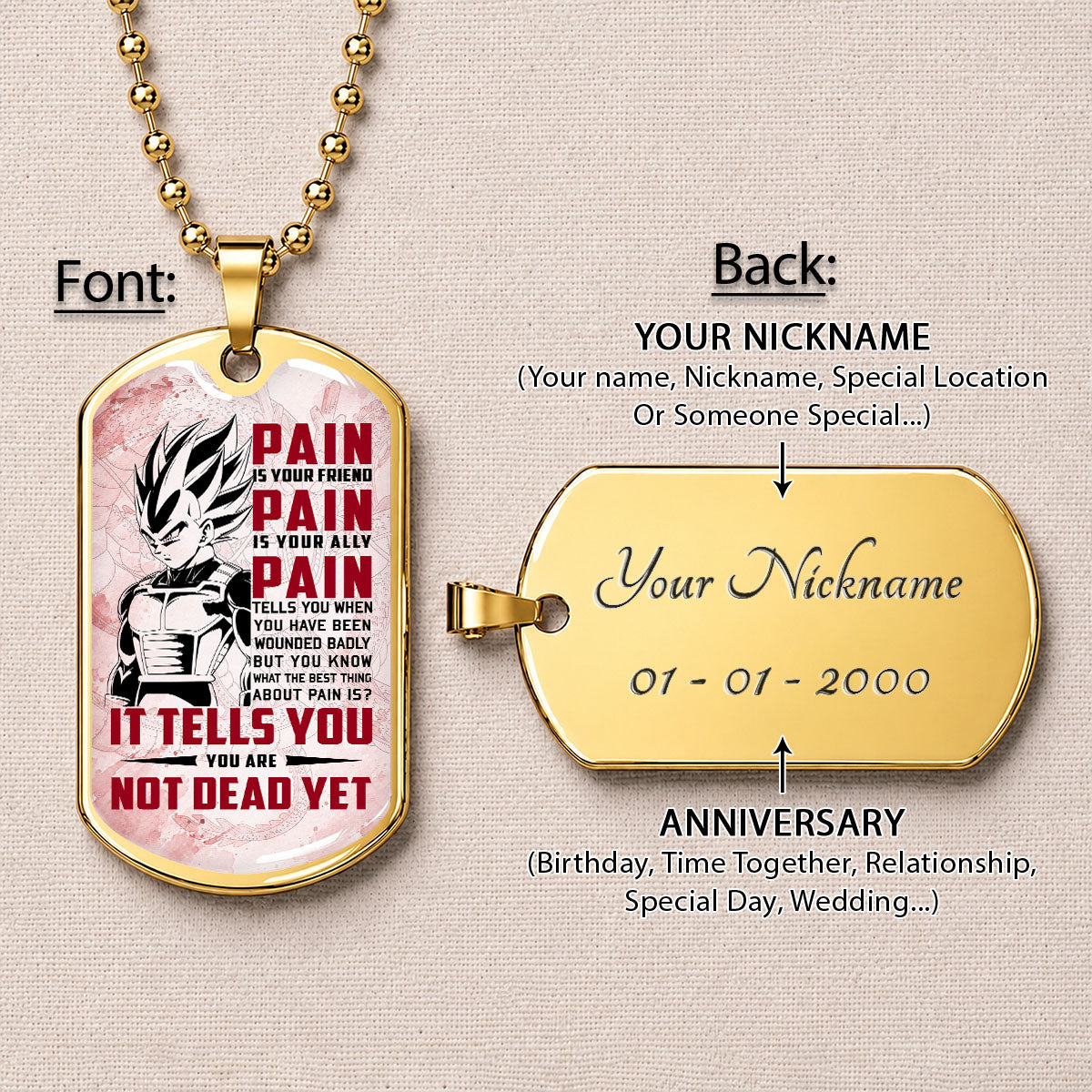 Personalized Dragon Ball Vegeta Dog Tag Necklace - Motivational Quote “Pain Is Your Friend” Stainless Steel Pendant - Anime Gift for DBZ Fans - DRDL017