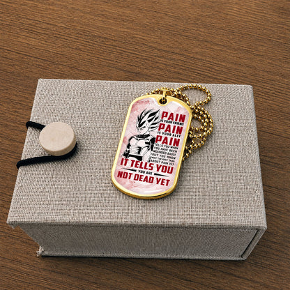 Personalized Dragon Ball Vegeta Dog Tag Necklace - Motivational Quote “Pain Is Your Friend” Stainless Steel Pendant - Anime Gift for DBZ Fans - DRDL017