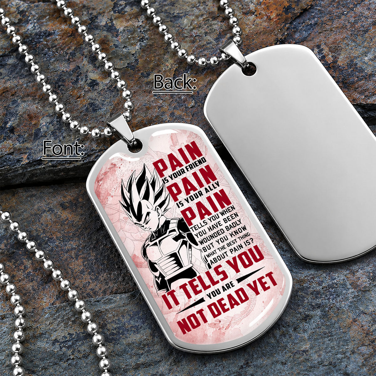 Personalized Dragon Ball Vegeta Dog Tag Necklace - Motivational Quote “Pain Is Your Friend” Stainless Steel Pendant - Anime Gift for DBZ Fans - DRDL017