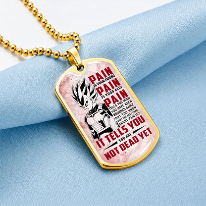Personalized Dragon Ball Vegeta Dog Tag Necklace - Motivational Quote “Pain Is Your Friend” Stainless Steel Pendant - Anime Gift for DBZ Fans - DRDL017