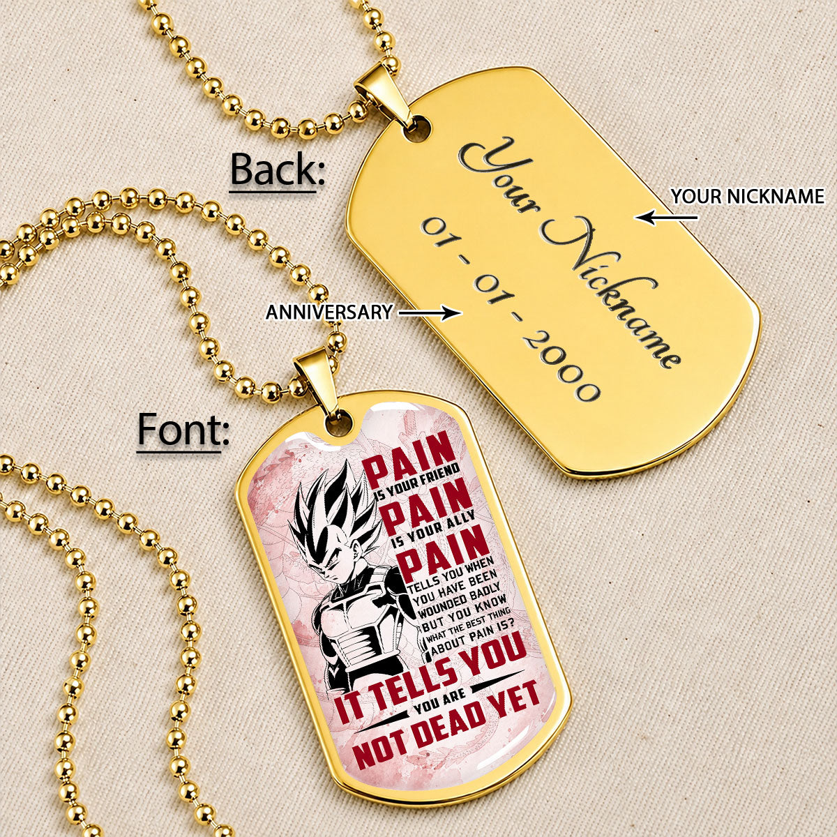 Personalized Dragon Ball Vegeta Dog Tag Necklace - Motivational Quote “Pain Is Your Friend” Stainless Steel Pendant - Anime Gift for DBZ Fans - DRDL017