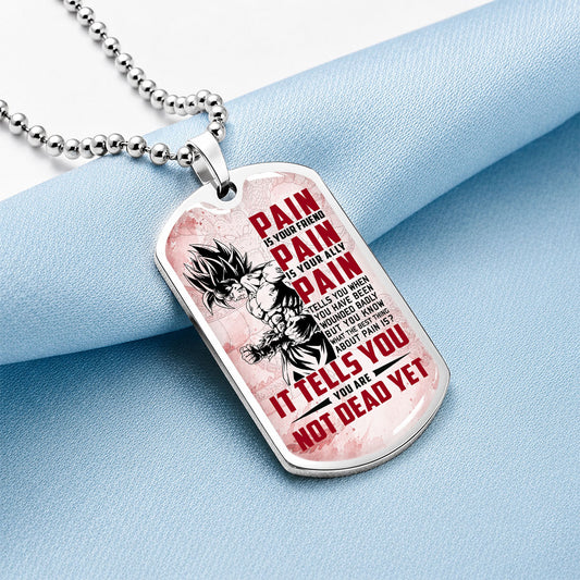 Personalized Dragon Ball Goku Dog Tag Necklace - Motivational Quote “Pain Is Your Friend” Stainless Steel Pendant - Anime Gift for DBZ Fans - DRDL018