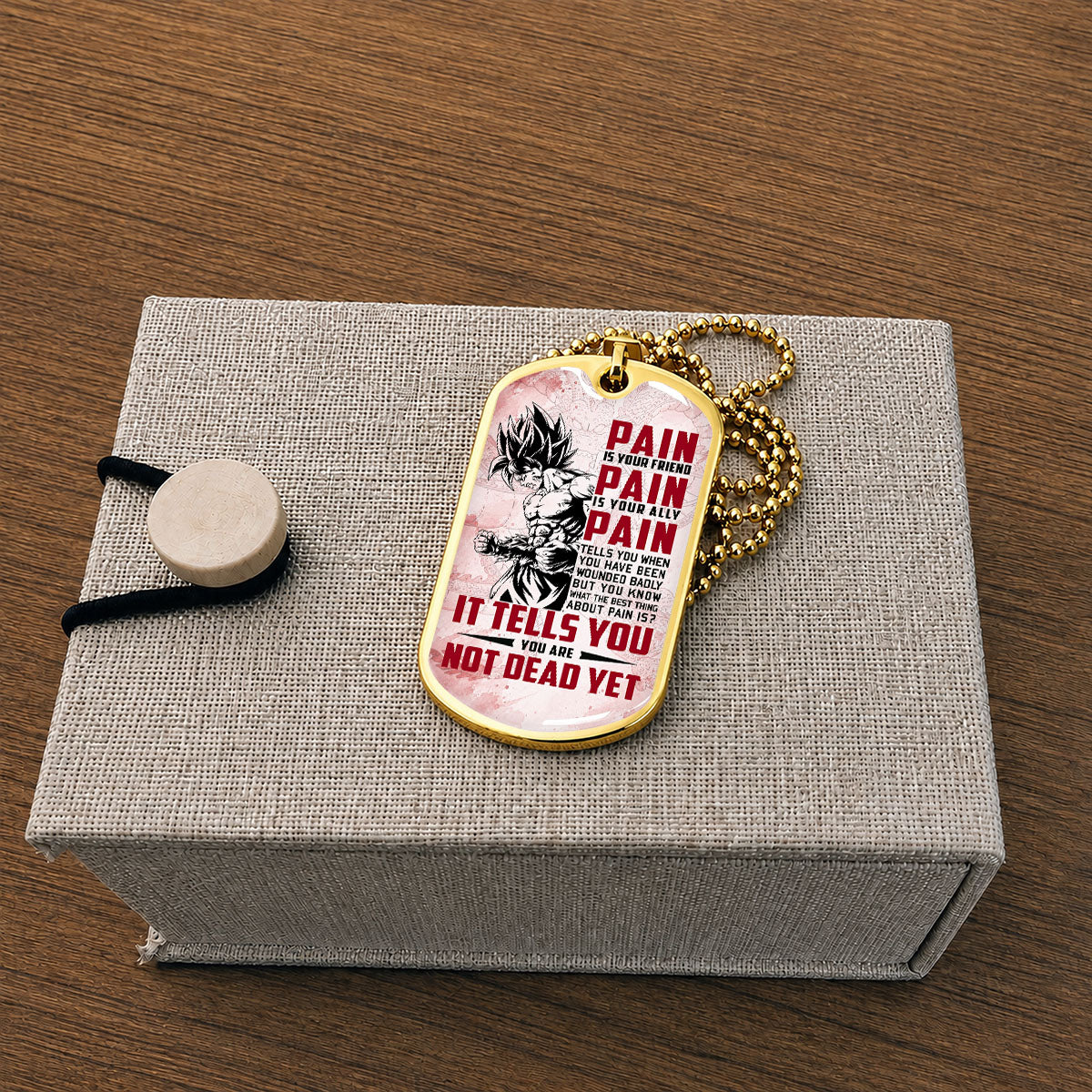 Personalized Dragon Ball Goku Dog Tag Necklace - Motivational Quote “Pain Is Your Friend” Stainless Steel Pendant - Anime Gift for DBZ Fans - DRDL018