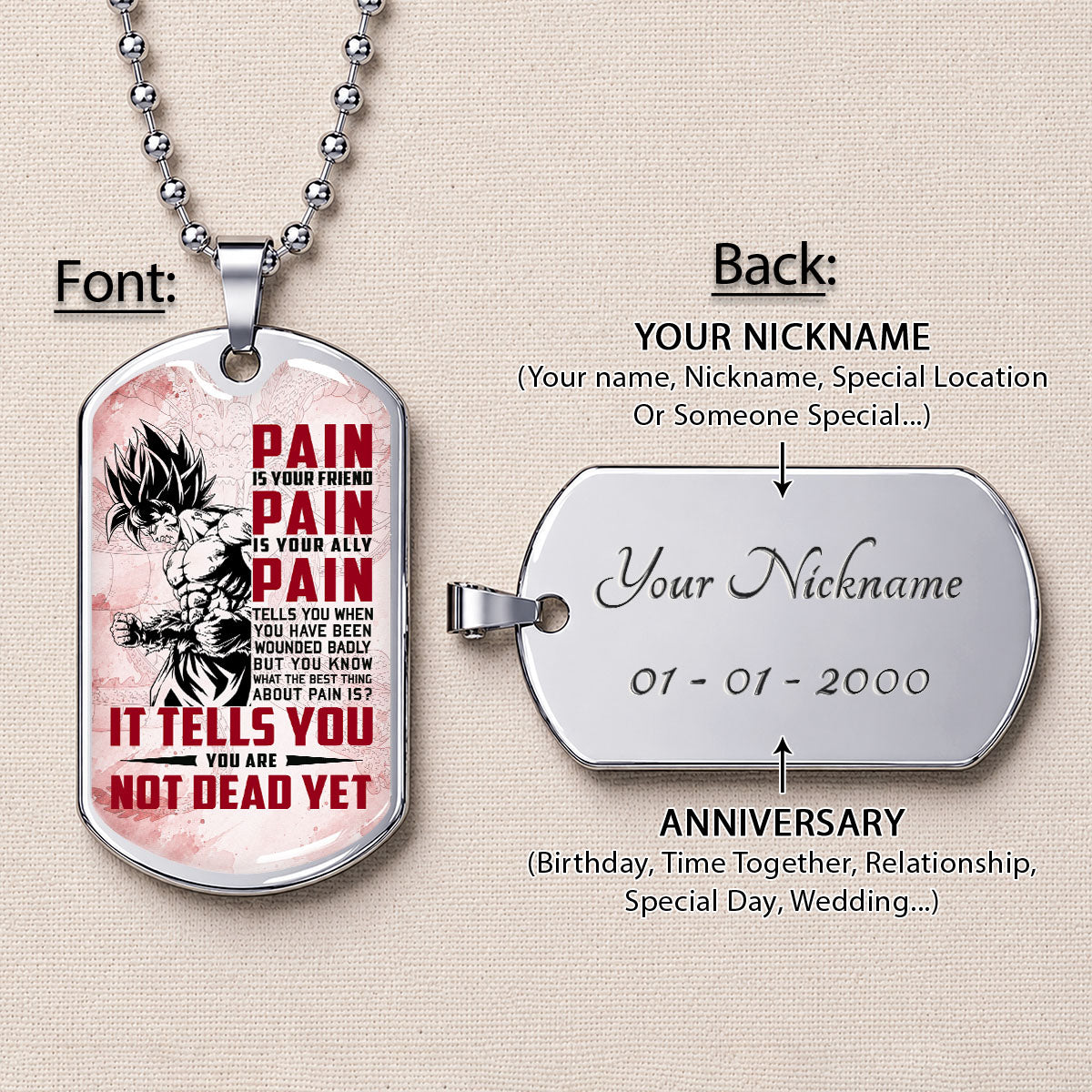 Personalized Dragon Ball Goku Dog Tag Necklace - Motivational Quote “Pain Is Your Friend” Stainless Steel Pendant - Anime Gift for DBZ Fans - DRDL018