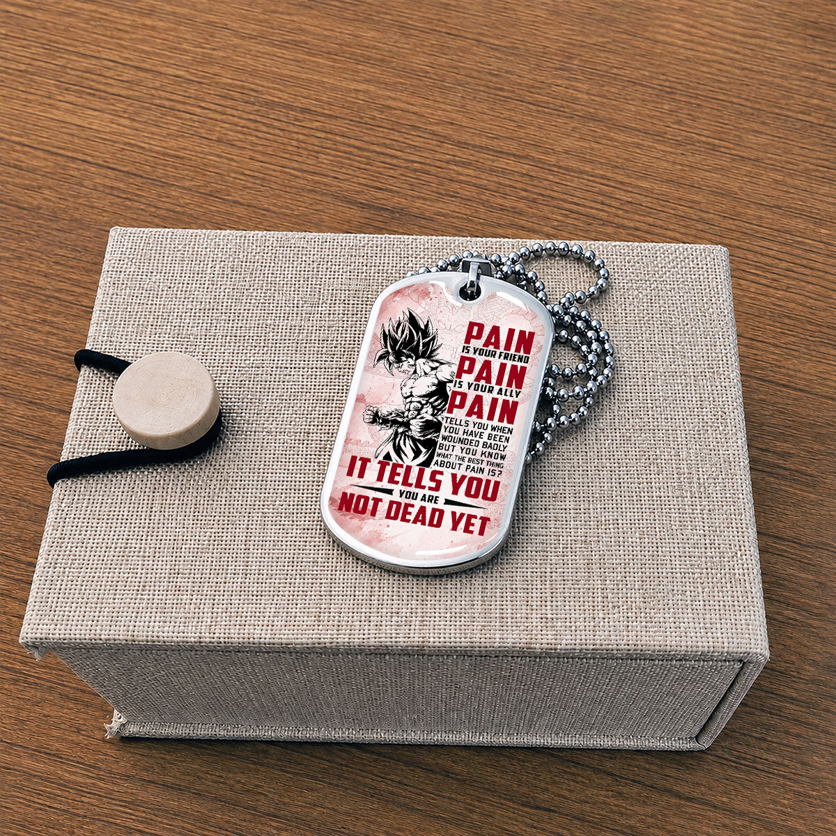 Personalized Dragon Ball Goku Dog Tag Necklace - Motivational Quote “Pain Is Your Friend” Stainless Steel Pendant - Anime Gift for DBZ Fans - DRDL018
