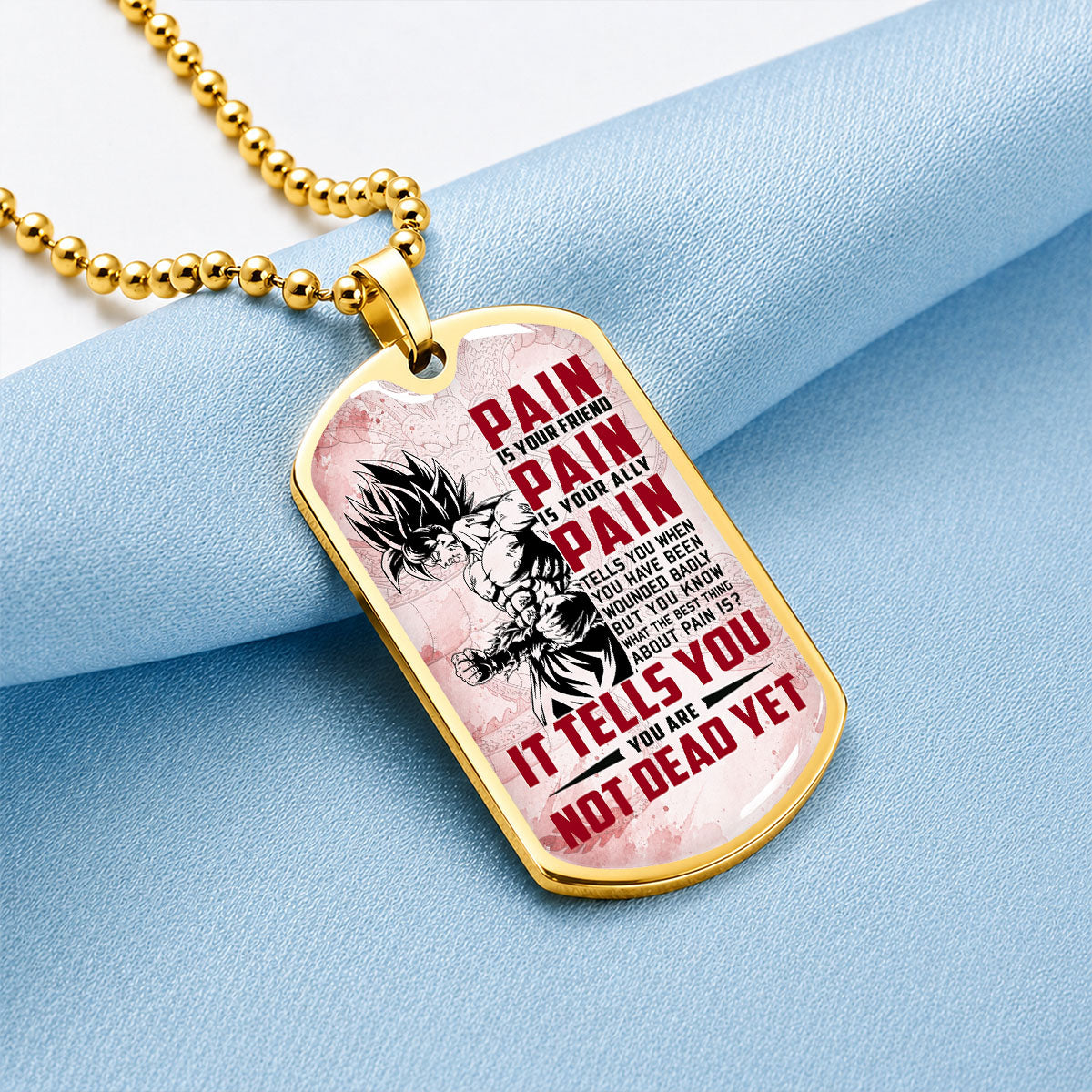 Personalized Dragon Ball Goku Dog Tag Necklace - Motivational Quote “Pain Is Your Friend” Stainless Steel Pendant - Anime Gift for DBZ Fans - DRDL018