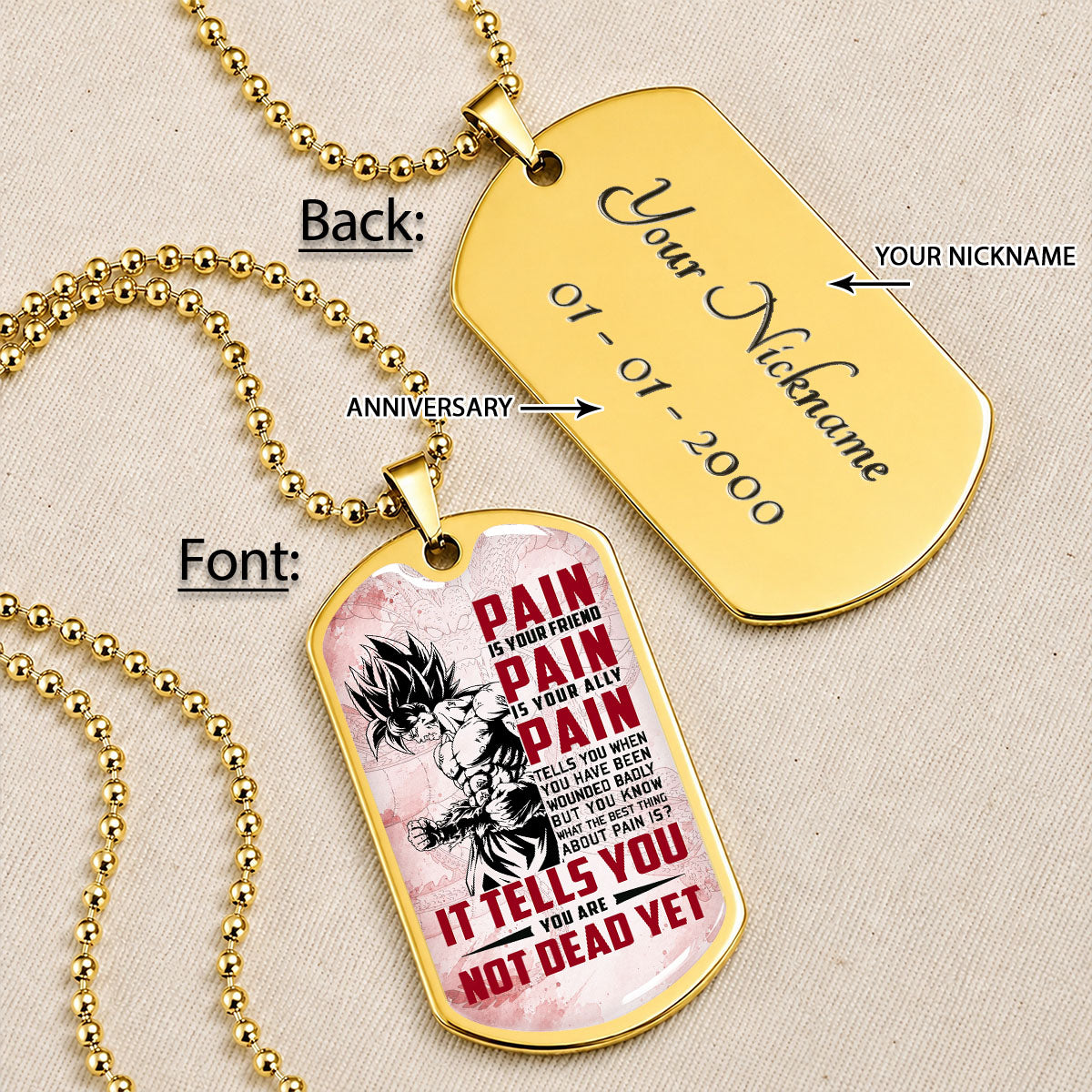 Personalized Dragon Ball Goku Dog Tag Necklace - Motivational Quote “Pain Is Your Friend” Stainless Steel Pendant - Anime Gift for DBZ Fans - DRDL018