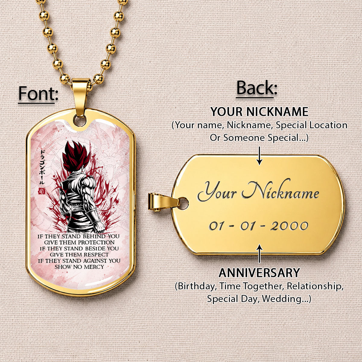 Custom Dragon Ball Super Saiyan God Vegito Dog Tag Necklace - Motivational Quote “Show No Mercy” Stainless Steel Pendant - Anime Gift for DBZ Fans - DRDL029