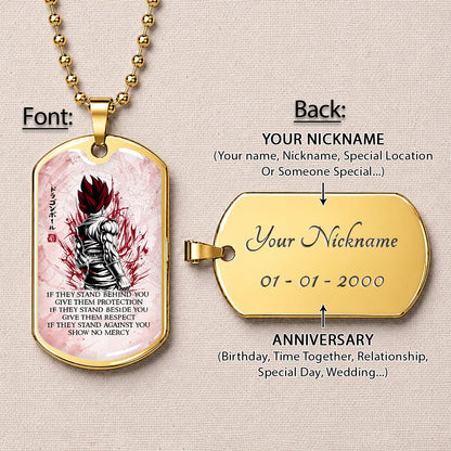 Custom Dragon Ball Super Saiyan God Vegito Dog Tag Necklace - Motivational Quote “Show No Mercy” Stainless Steel Pendant - Anime Gift for DBZ Fans - DRDL029