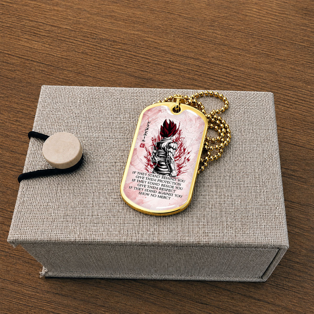 Custom Dragon Ball Super Saiyan God Vegito Dog Tag Necklace - Motivational Quote “Show No Mercy” Stainless Steel Pendant - Anime Gift for DBZ Fans - DRDL029