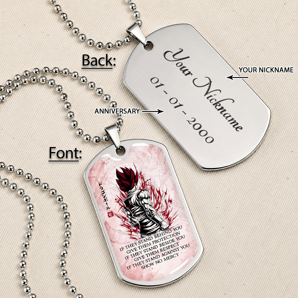 Custom Dragon Ball Super Saiyan God Vegito Dog Tag Necklace - Motivational Quote “Show No Mercy” Stainless Steel Pendant - Anime Gift for DBZ Fans - DRDL029
