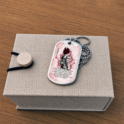 Custom Dragon Ball Super Saiyan God Vegito Dog Tag Necklace - Motivational Quote “Show No Mercy” Stainless Steel Pendant - Anime Gift for DBZ Fans - DRDL029