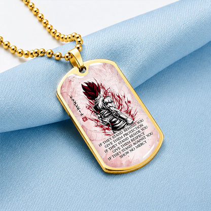 Custom Dragon Ball Super Saiyan God Vegito Dog Tag Necklace - Motivational Quote “Show No Mercy” Stainless Steel Pendant - Anime Gift for DBZ Fans - DRDL029