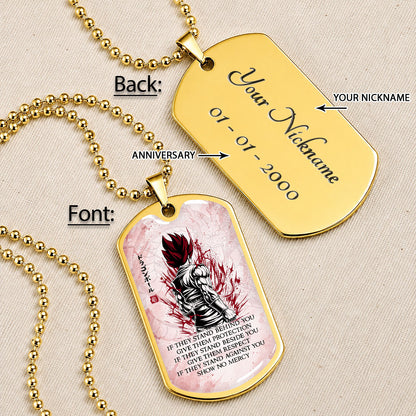Custom Dragon Ball Super Saiyan God Vegito Dog Tag Necklace - Motivational Quote “Show No Mercy” Stainless Steel Pendant - Anime Gift for DBZ Fans - DRDL029