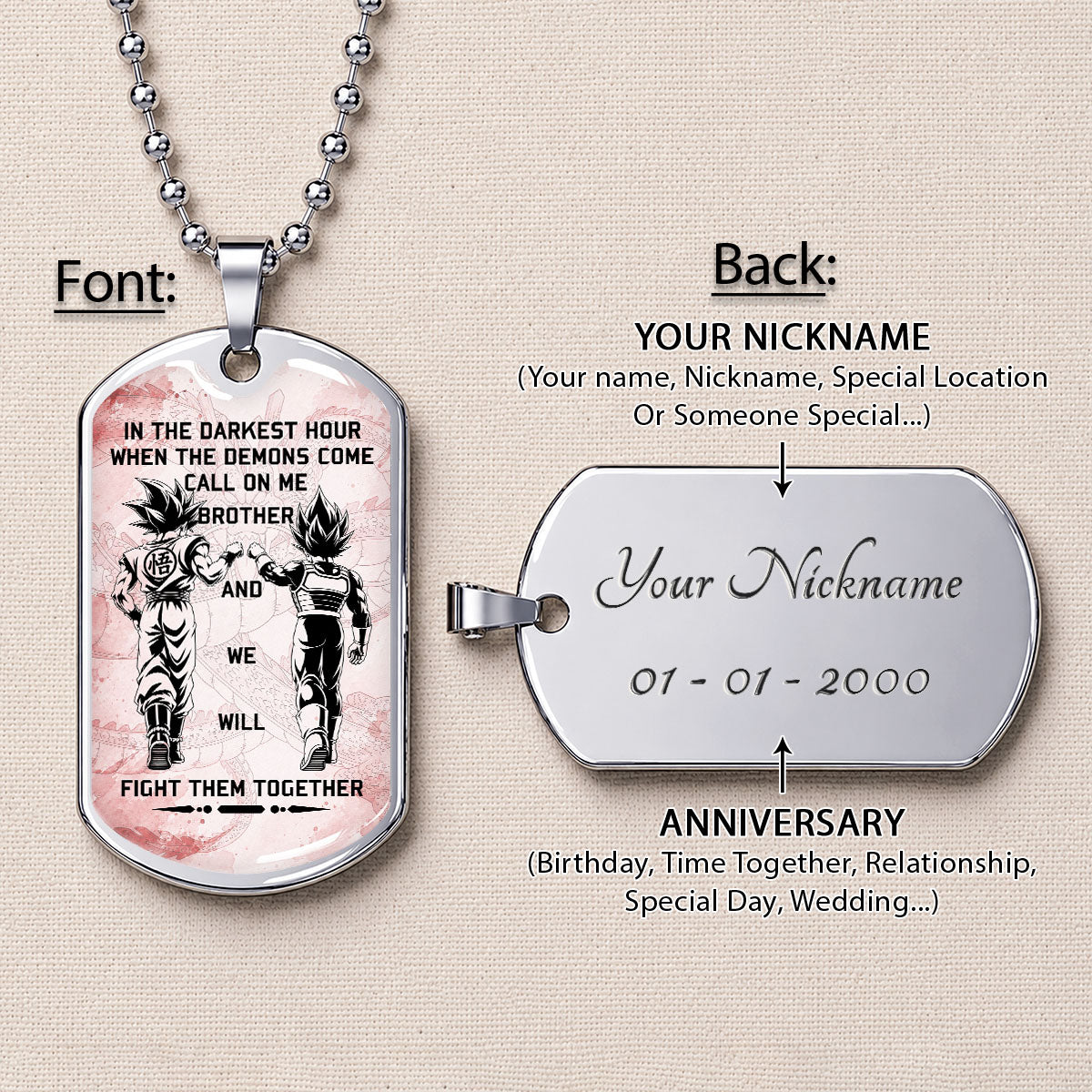 Custom Dragon Ball Goku & Vegeta Brother Dog Tag Necklace - Motivational Quote "Call On Me Brother"  Stainless Steel Pendant - Anime Gift for DBZ Fans - DRDL040