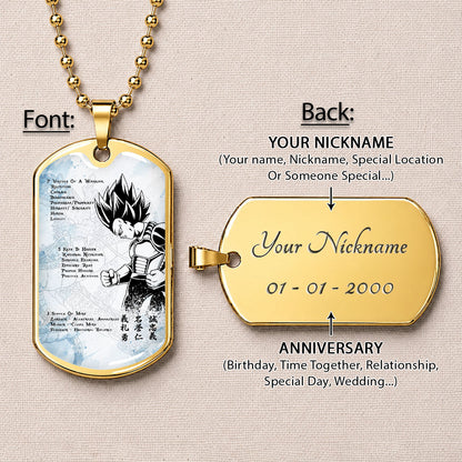 Custom Dragon Ball Vegeta Dog Tag Necklace - Motivational Quote “7 Virtues of a Warrior & 5 Keys to Health” Stainless Steel Pendant - Gift for DBZ Fans - DRDL043