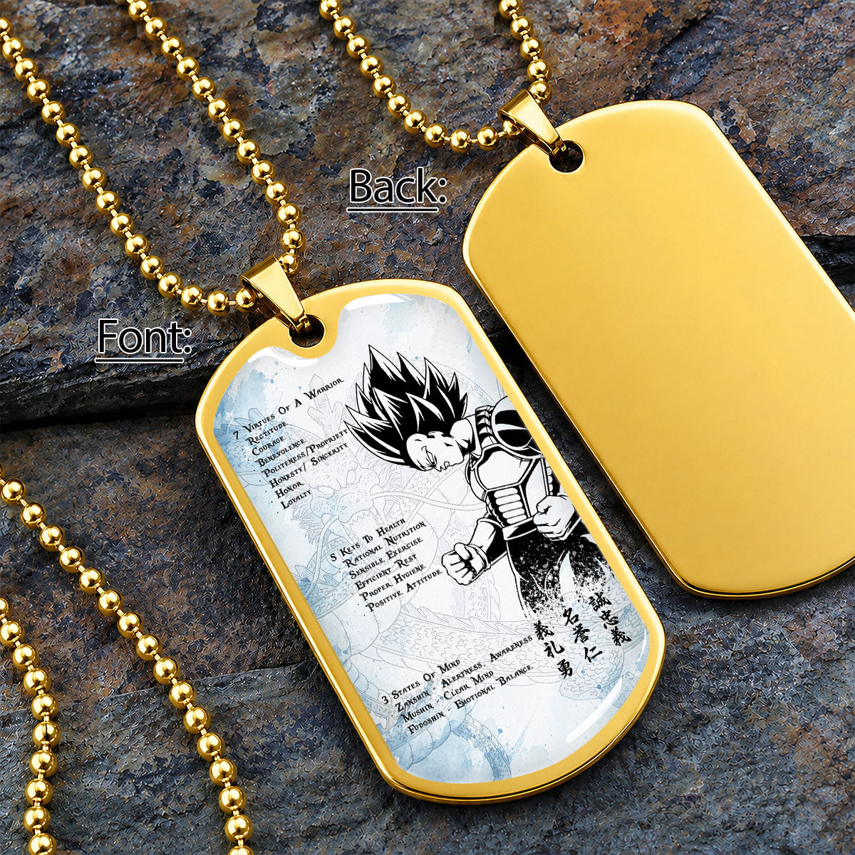 Custom Dragon Ball Vegeta Dog Tag Necklace - Motivational Quote “7 Virtues of a Warrior & 5 Keys to Health” Stainless Steel Pendant - Gift for DBZ Fans - DRDL043