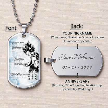 Custom Dragon Ball Vegeta Dog Tag Necklace - Motivational Quote “7 Virtues of a Warrior & 5 Keys to Health” Stainless Steel Pendant - Gift for DBZ Fans - DRDL043