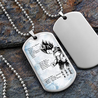 Custom Dragon Ball Vegeta Dog Tag Necklace - Motivational Quote “7 Virtues of a Warrior & 5 Keys to Health” Stainless Steel Pendant - Gift for DBZ Fans - DRDL043