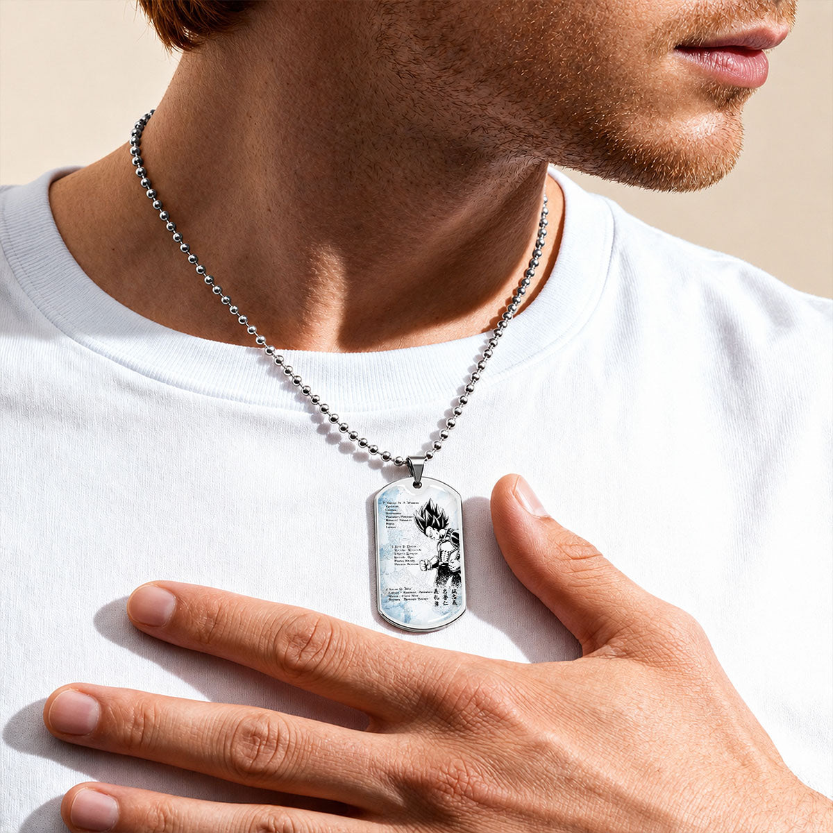 Custom Dragon Ball Vegeta Dog Tag Necklace - Motivational Quote “7 Virtues of a Warrior & 5 Keys to Health” Stainless Steel Pendant - Gift for DBZ Fans - DRDL043