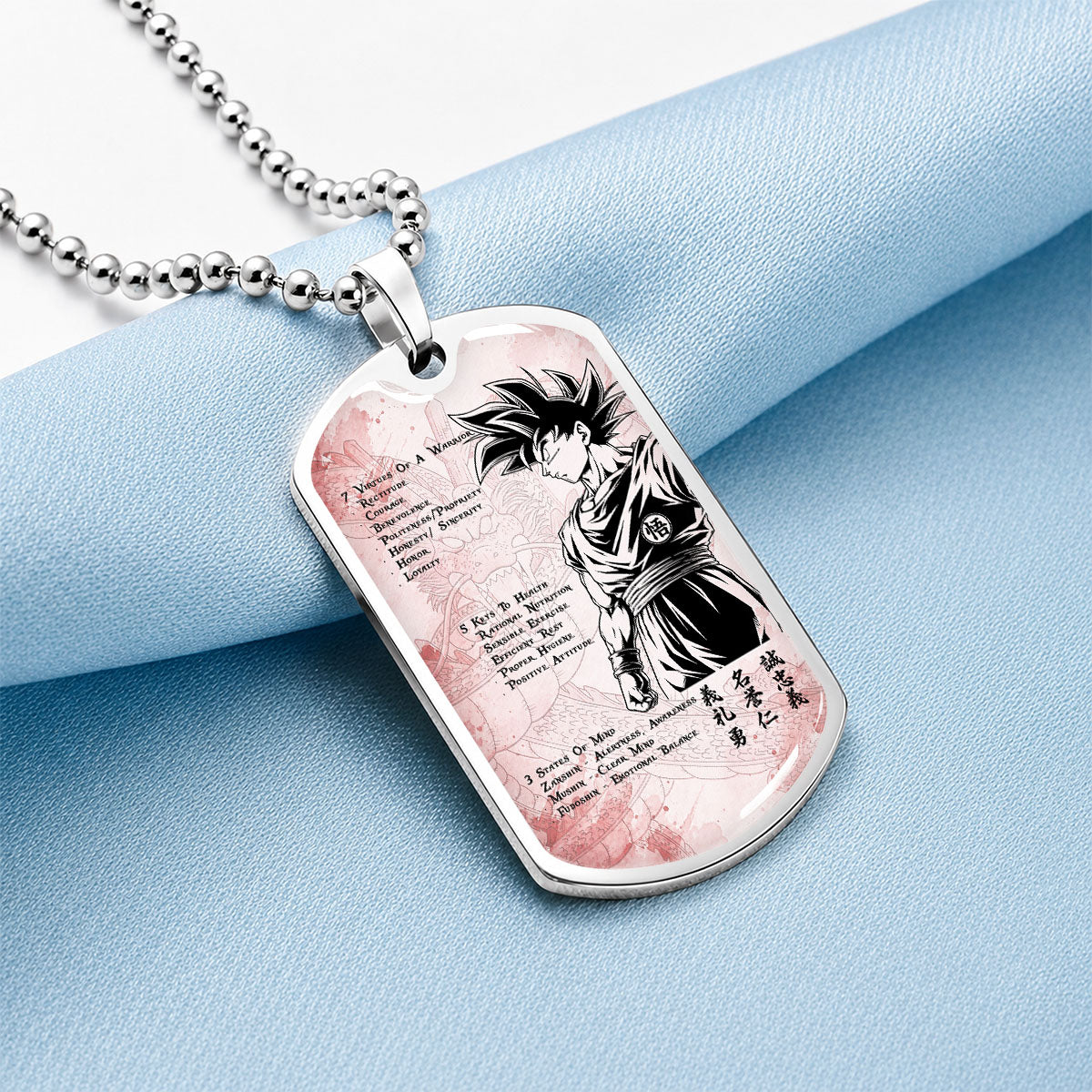 Custom Dragon Ball Goku Dog Tag Necklace - Motivational Quote “7 Virtues of a Warrior & 5 Keys to Health” Stainless Steel Pendant - Gift for DBZ Fans - DRDL044