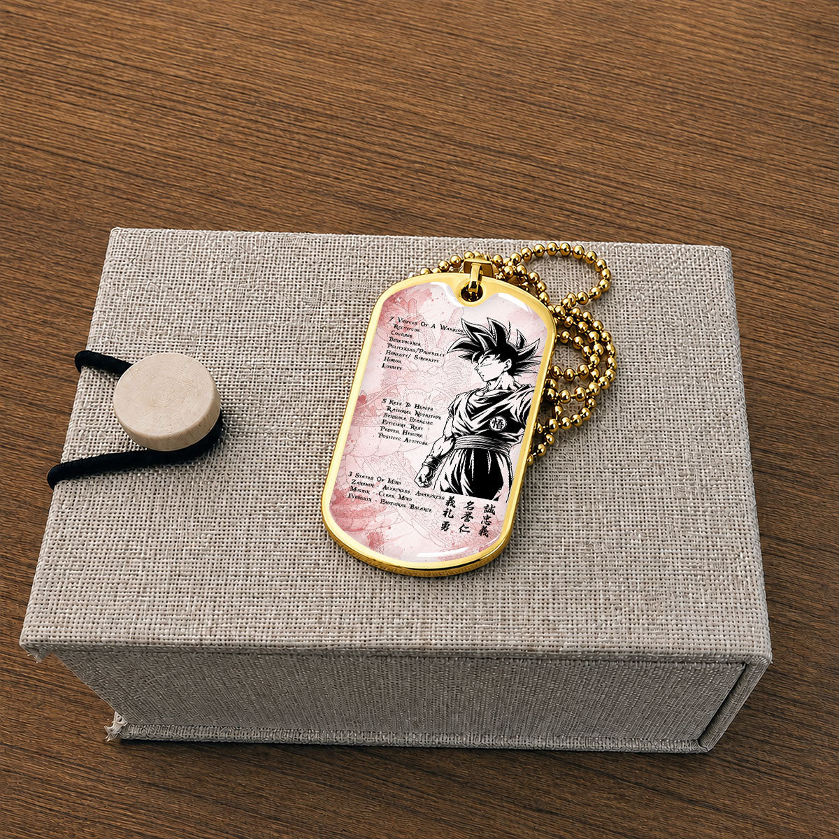 Custom Dragon Ball Goku Dog Tag Necklace - Motivational Quote “7 Virtues of a Warrior & 5 Keys to Health” Stainless Steel Pendant - Gift for DBZ Fans - DRDL044