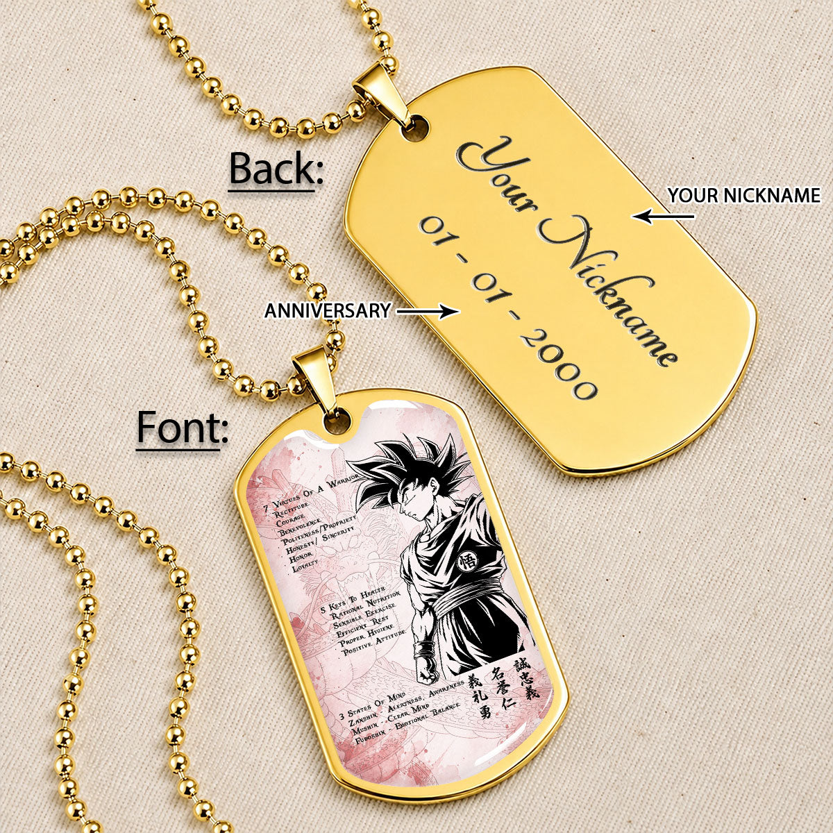 Custom Dragon Ball Goku Dog Tag Necklace - Motivational Quote “7 Virtues of a Warrior & 5 Keys to Health” Stainless Steel Pendant - Gift for DBZ Fans - DRDL044