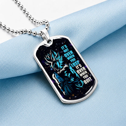 Custom Dragon Ball Saiyan Blue Goku Dog Tag Necklace - Motivational Quote “It's Not Over When You Lose” Stainless Steel Pendant - Gift for DBZ Fans - DRDL048