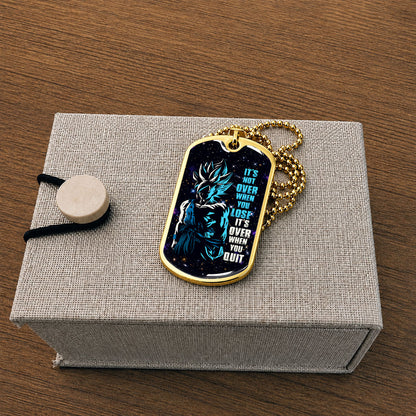 Custom Dragon Ball Saiyan Blue Goku Dog Tag Necklace - Motivational Quote “It's Not Over When You Lose” Stainless Steel Pendant - Gift for DBZ Fans - DRDL048