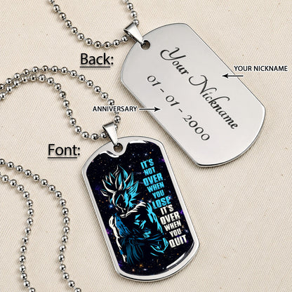 Custom Dragon Ball Saiyan Blue Goku Dog Tag Necklace - Motivational Quote “It's Not Over When You Lose” Stainless Steel Pendant - Gift for DBZ Fans - DRDL048