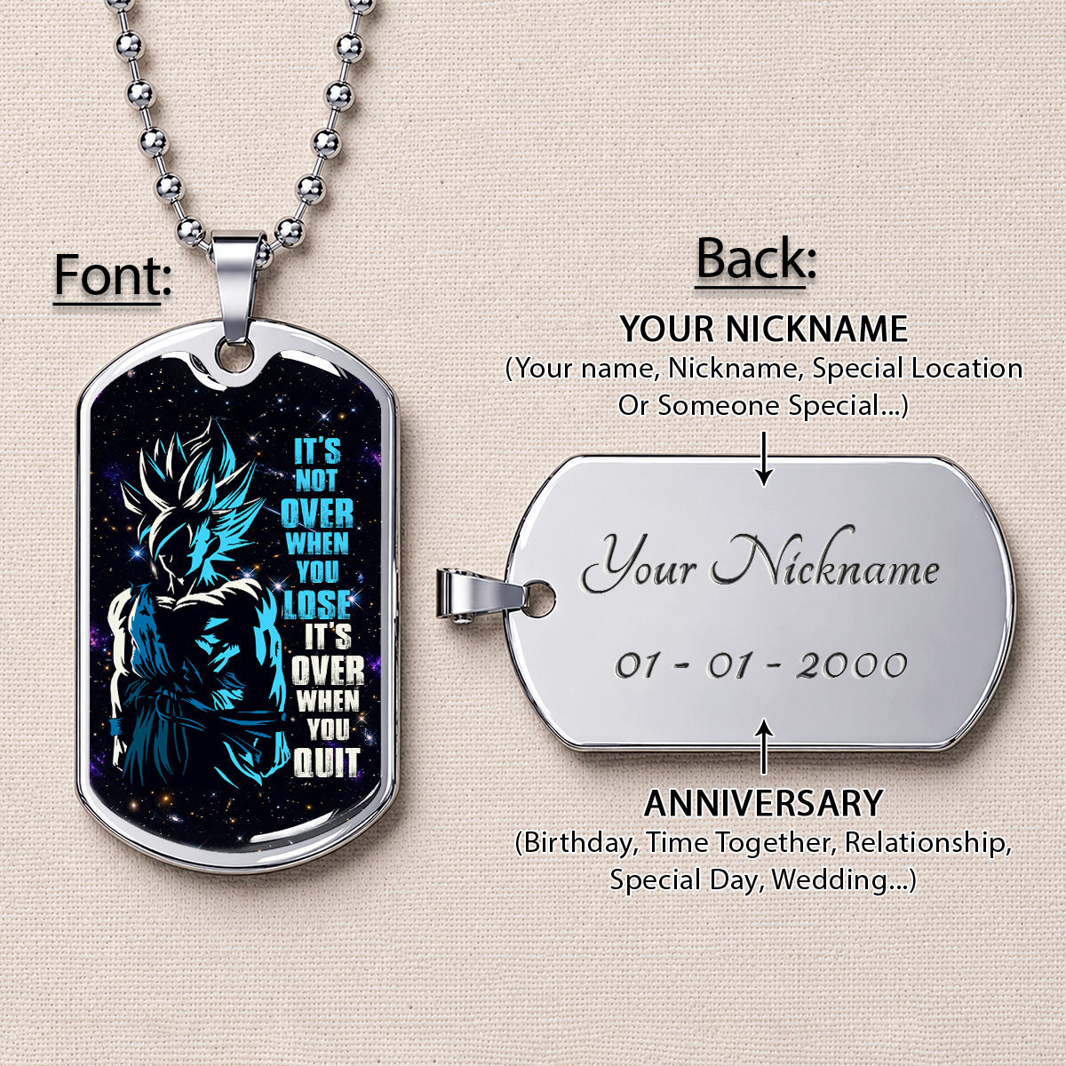 Custom Dragon Ball Saiyan Blue Goku Dog Tag Necklace - Motivational Quote “It's Not Over When You Lose” Stainless Steel Pendant - Gift for DBZ Fans - DRDL048