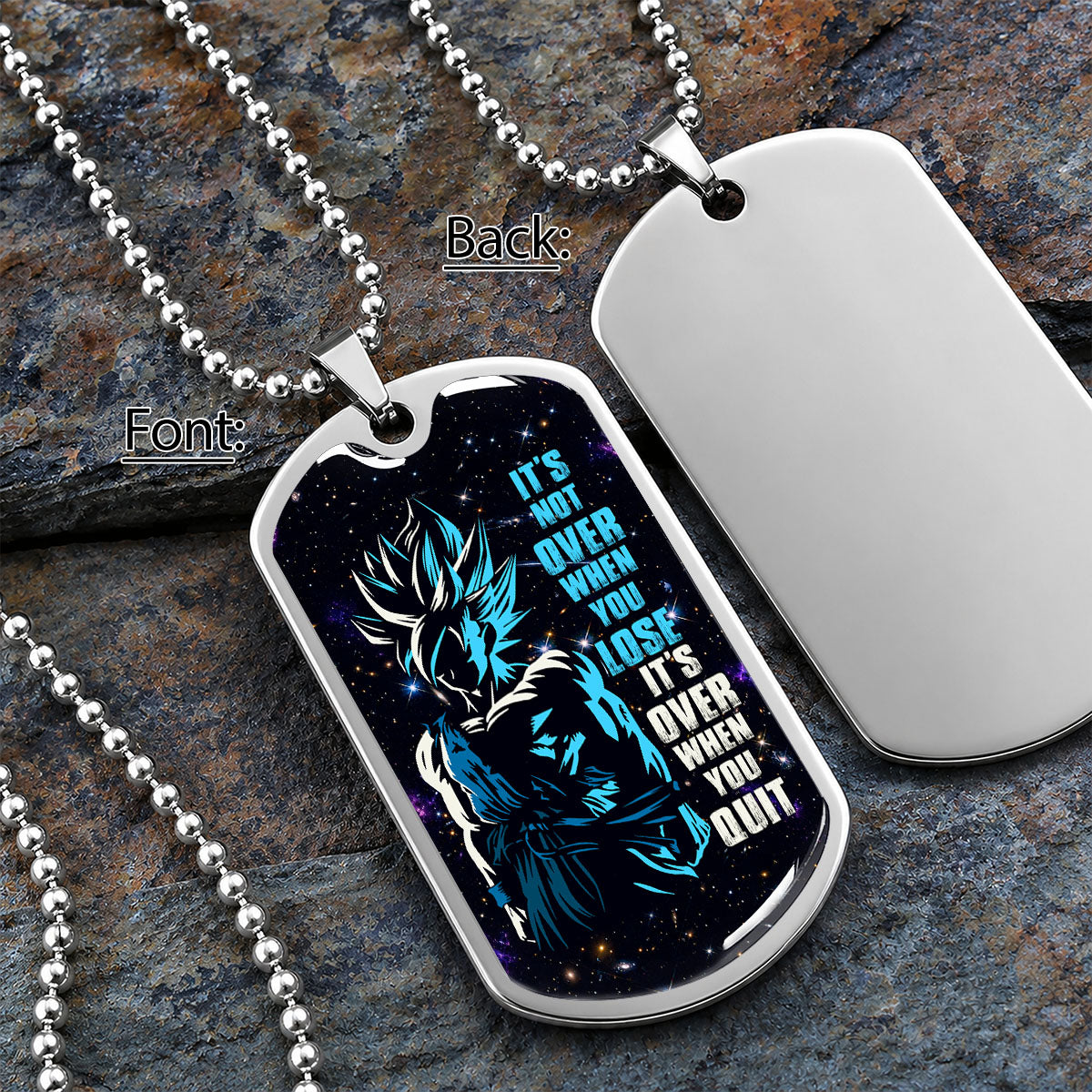 Custom Dragon Ball Saiyan Blue Goku Dog Tag Necklace - Motivational Quote “It's Not Over When You Lose” Stainless Steel Pendant - Gift for DBZ Fans - DRDL048