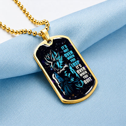 Custom Dragon Ball Saiyan Blue Goku Dog Tag Necklace - Motivational Quote “It's Not Over When You Lose” Stainless Steel Pendant - Gift for DBZ Fans - DRDL048