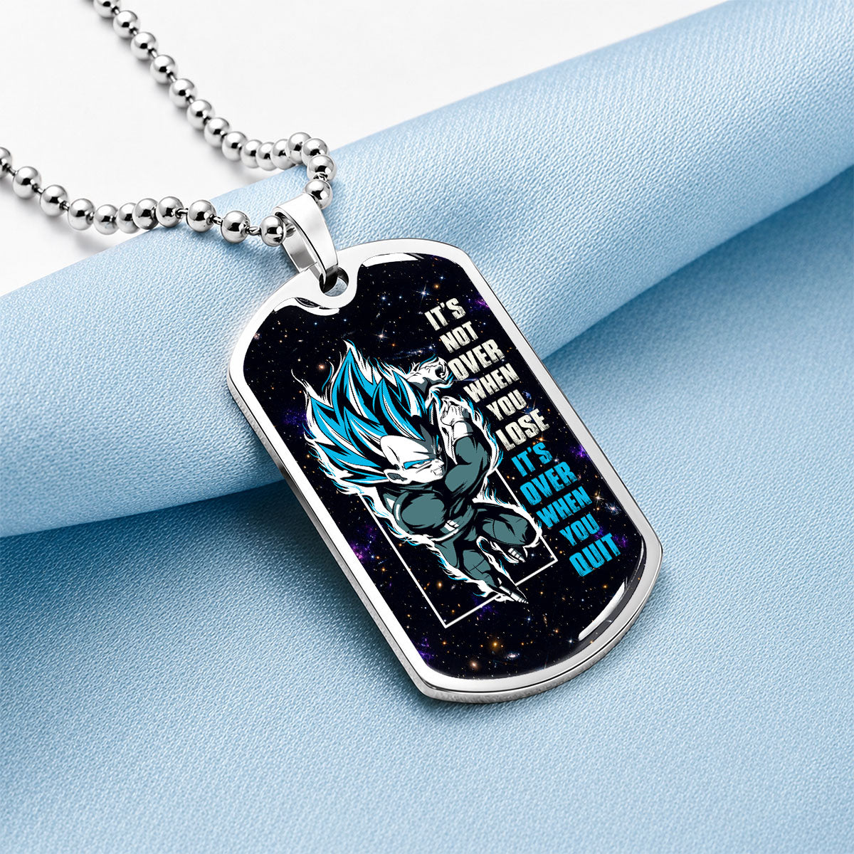 Custom Dragon Ball Saiyan Blue Vegeta Dog Tag Necklace - Motivational Quote “It's Not Over When You Lose” Stainless Steel Pendant - Gift for DBZ Fans - DRDL049