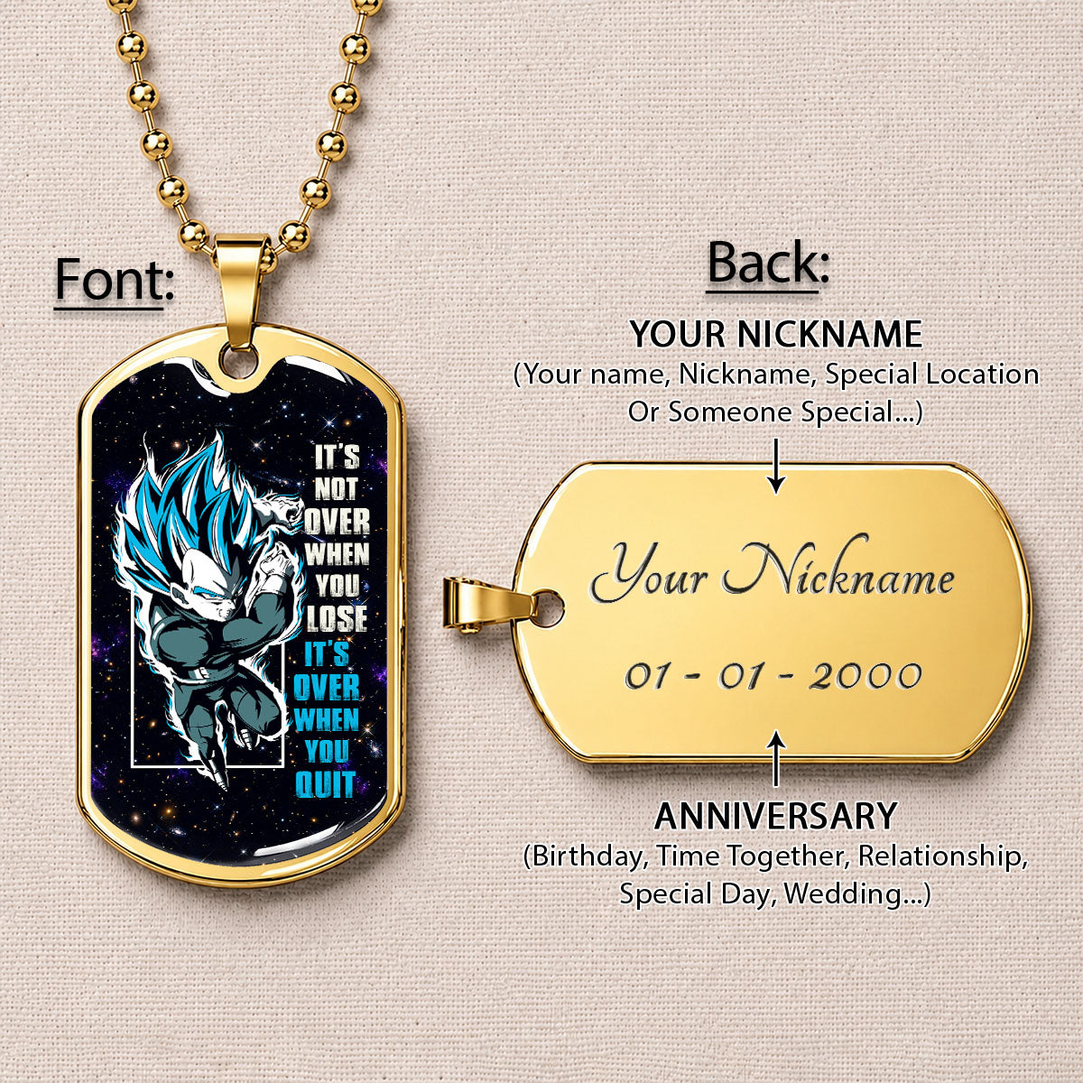 Custom Dragon Ball Saiyan Blue Vegeta Dog Tag Necklace - Motivational Quote “It's Not Over When You Lose” Stainless Steel Pendant - Gift for DBZ Fans - DRDL049