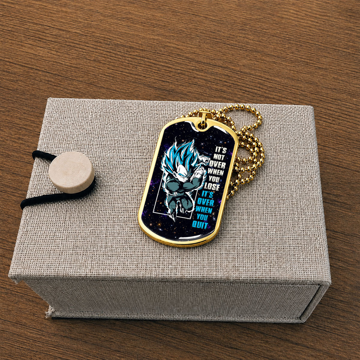 Custom Dragon Ball Saiyan Blue Vegeta Dog Tag Necklace - Motivational Quote “It's Not Over When You Lose” Stainless Steel Pendant - Gift for DBZ Fans - DRDL049