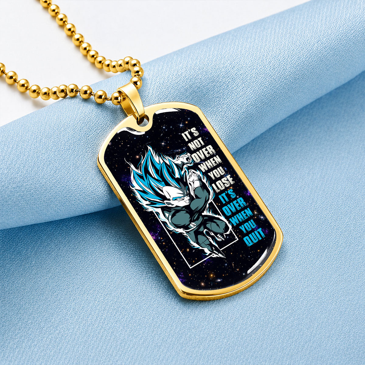 Custom Dragon Ball Saiyan Blue Vegeta Dog Tag Necklace - Motivational Quote “It's Not Over When You Lose” Stainless Steel Pendant - Gift for DBZ Fans - DRDL049