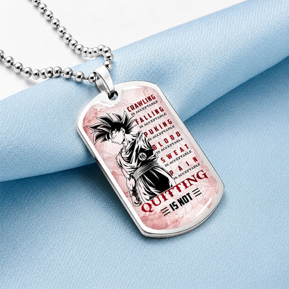 Personalized Dragon Ball Goku Dog Tag Necklace - Motivational Quote “Quitting Is Not” Stainless Steel Pendant - Anime Gift for DBZ Fans - DRDL055