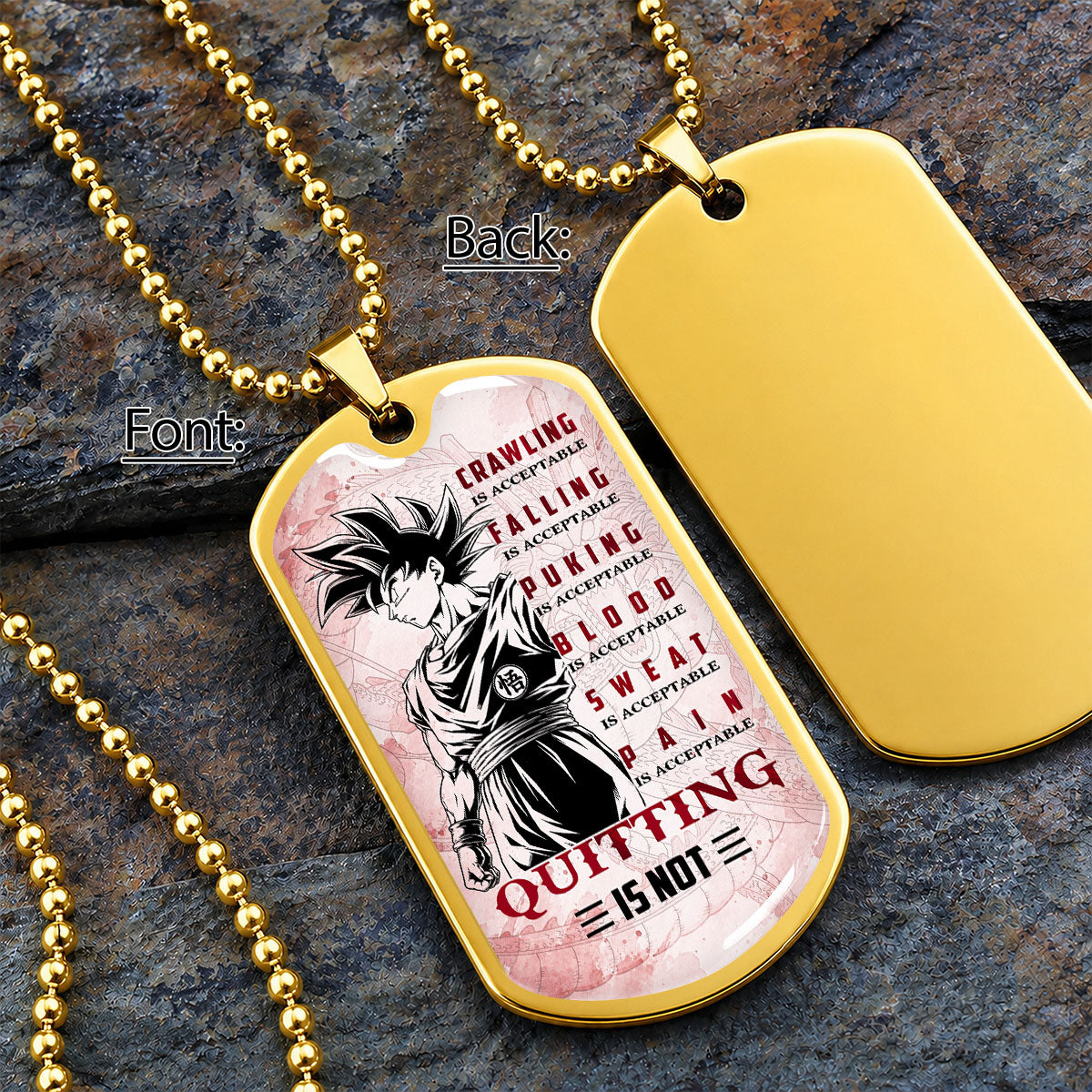 Personalized Dragon Ball Goku Dog Tag Necklace - Motivational Quote “Quitting Is Not” Stainless Steel Pendant - Anime Gift for DBZ Fans - DRDL055