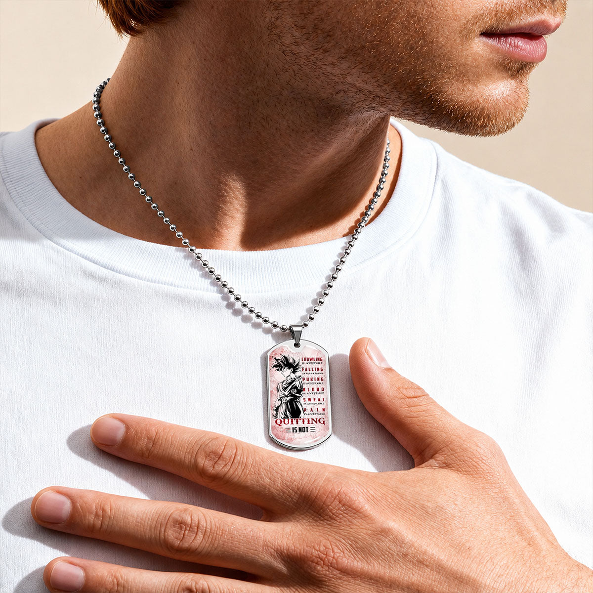 Personalized Dragon Ball Goku Dog Tag Necklace - Motivational Quote “Quitting Is Not” Stainless Steel Pendant - Anime Gift for DBZ Fans - DRDL055