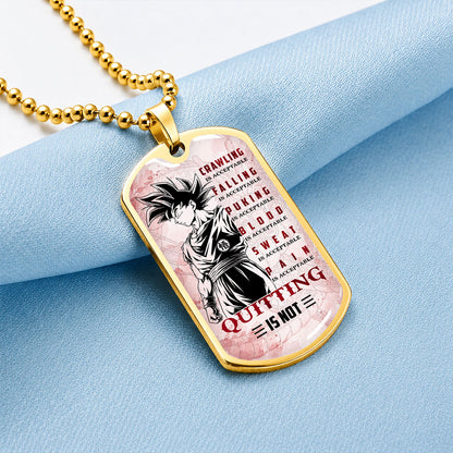 Personalized Dragon Ball Goku Dog Tag Necklace - Motivational Quote “Quitting Is Not” Stainless Steel Pendant - Anime Gift for DBZ Fans - DRDL055